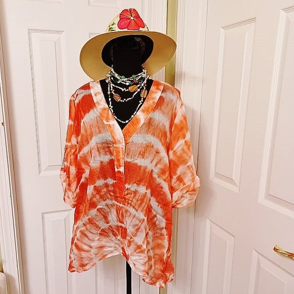 (SOLD) New Grand & Greene FLAMINGO PINK WHITE Sheer Blouse Tie Dye Top L Orig$79 - Picture 1 of 6